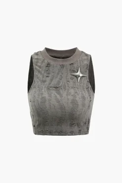MICAS T-Shirts-Star Decor Destroyed Tank Top LIGHT GRAY