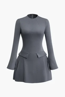 MICAS Long Sleeve Dresses|Mini Dresses-Stitching Bell Sleeve Mini Dress GRAY