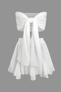 MICAS Skirt Sets|Vacation Sets-Strapless Bow Top and Ruffle Mini Skirt Set WHITE