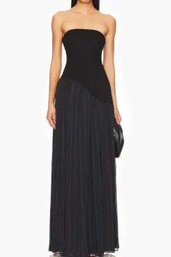 MICAS Maxi Dresses-Strapless Patchwork Zipper Pleated Maxi Dress BLACK