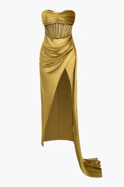 MICAS Maxi Dresses-Strapless Ruched Mesh Velvet Maxi Dress OCHRE
