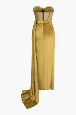 MICAS Maxi Dresses-Strapless Ruched Mesh Velvet Maxi Dress OCHRE