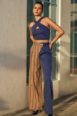 MICAS Pants-Stripe Asymmetrical Detail Color Block Print Trousers Contrast Color