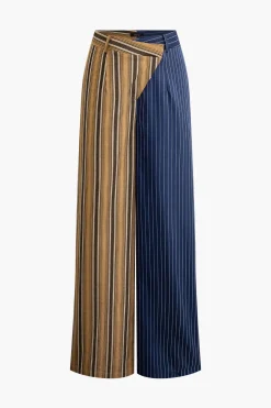 MICAS Pants-Stripe Asymmetrical Detail Color Block Print Trousers Contrast Color