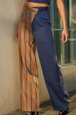 MICAS Pants-Stripe Asymmetrical Detail Color Block Print Trousers Contrast Color