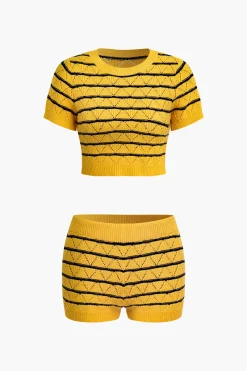 MICAS Knit Sets-Stripe Crop Knit Top And Shorts Set