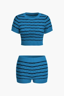 MICAS Knit Sets-Stripe Crop Knit Top And Shorts Set