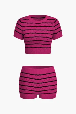MICAS Knit Sets-Stripe Crop Knit Top And Shorts Set