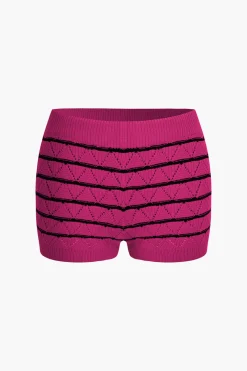 MICAS Knit Sets-Stripe Crop Knit Top And Shorts Set