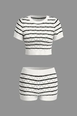 MICAS Knit Sets-Stripe Crop Knit Top And Shorts Set