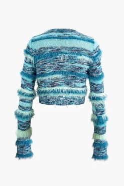 MICAS Outerwear|Outerwear-Stripe Feather Detail Tie Front Long Sleeve Knit Cardigan BLUE