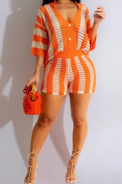 MICAS Knitwear|Vacation Sets-Stripe Knit Hollow Out Shorts Set