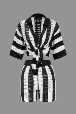 MICAS Knitwear|Vacation Sets-Stripe Knit Hollow Out Shorts Set