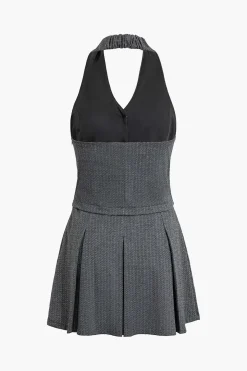 MICAS Mini Dresses-Stripe Print Backless Pleated Mini Dress DIM GRAY