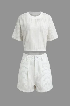MICAS Short Sets-Stripe Print Casual Shorts Set WHITE