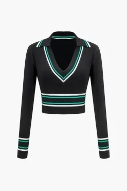 MICAS Knit Tops-Stripe Print Knit Long-Sleeve Top BLACK