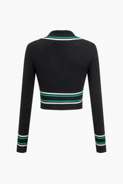 MICAS Knit Tops-Stripe Print Knit Long-Sleeve Top BLACK