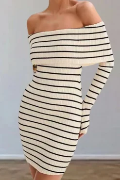 MICAS Long Sleeve Dresses|Knit Dresses-Stripe Print Knit Wrap Off Shoulder Dress Contrast Color