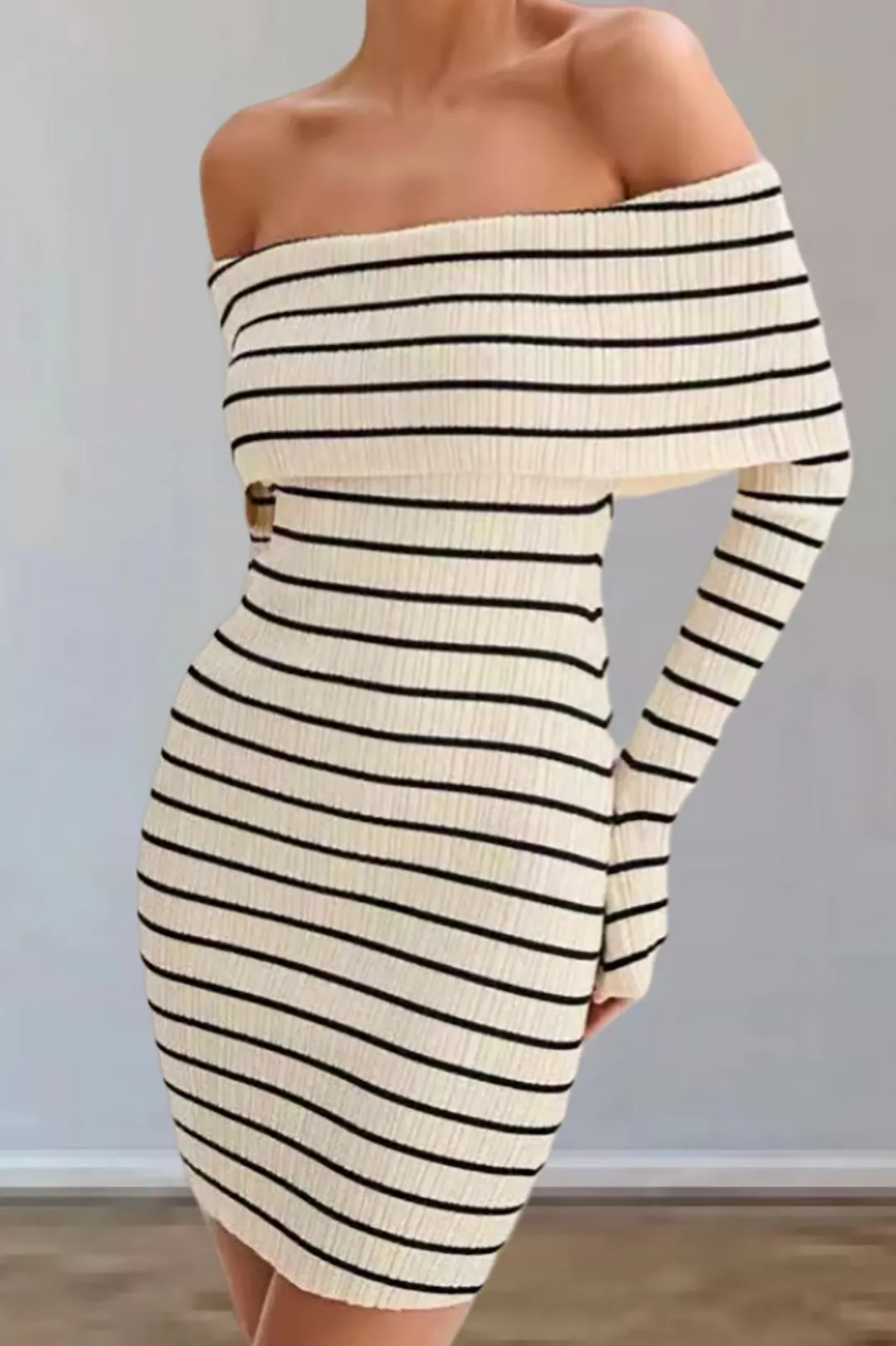 MICAS Long Sleeve Dresses|Knit Dresses-Stripe Print Knit Wrap Off Shoulder Dress Contrast Color