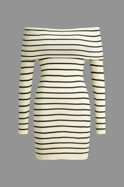 MICAS Long Sleeve Dresses|Knit Dresses-Stripe Print Knit Wrap Off Shoulder Dress Contrast Color