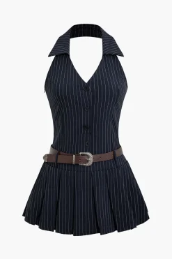 MICAS Mini Dresses-Stripe Print Pleated Belted Mini Dress ROYAL