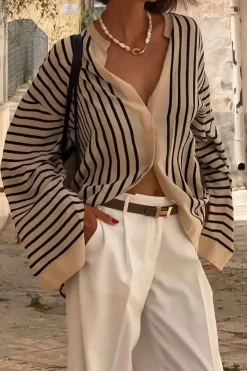 MICAS Long Sleeve Tops|Long Sleeves Tops-Stripe Print Satin Long-Sleeve Shirt WHITE