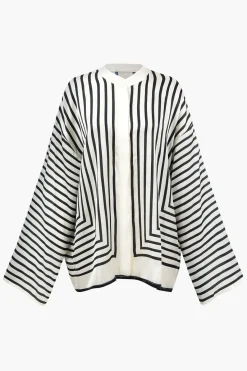 MICAS Long Sleeve Tops|Long Sleeves Tops-Stripe Print Satin Long-Sleeve Shirt WHITE