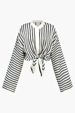 MICAS Long Sleeve Tops|Long Sleeves Tops-Stripe Print Satin Long-Sleeve Shirt WHITE