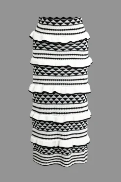 MICAS Knitwear|Knit Sets-Stripe Tie Bra Top And Tiered Ruffle Knit Midi Skirt Set Contrast Color