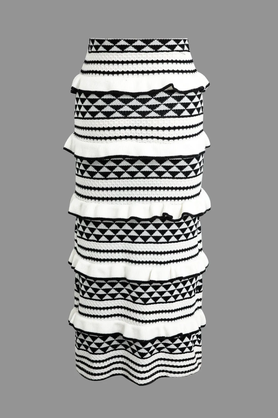 MICAS Knitwear|Knit Sets-Stripe Tie Bra Top And Tiered Ruffle Knit Midi Skirt Set Contrast Color