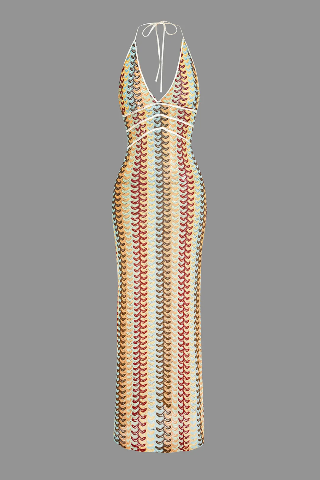 MICAS Maxi Dresses-Striped Crochet Halter V-neck Backless Slip Maxi Dress MULTICOLOR