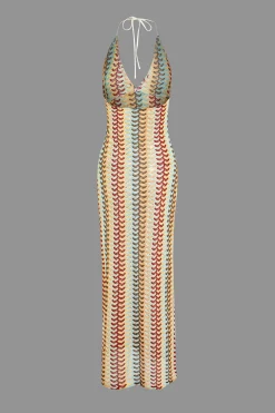 MICAS Maxi Dresses-Striped Crochet Halter V-neck Backless Slip Maxi Dress MULTICOLOR