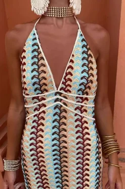 MICAS Maxi Dresses-Striped Crochet Halter V-neck Backless Slip Maxi Dress MULTICOLOR