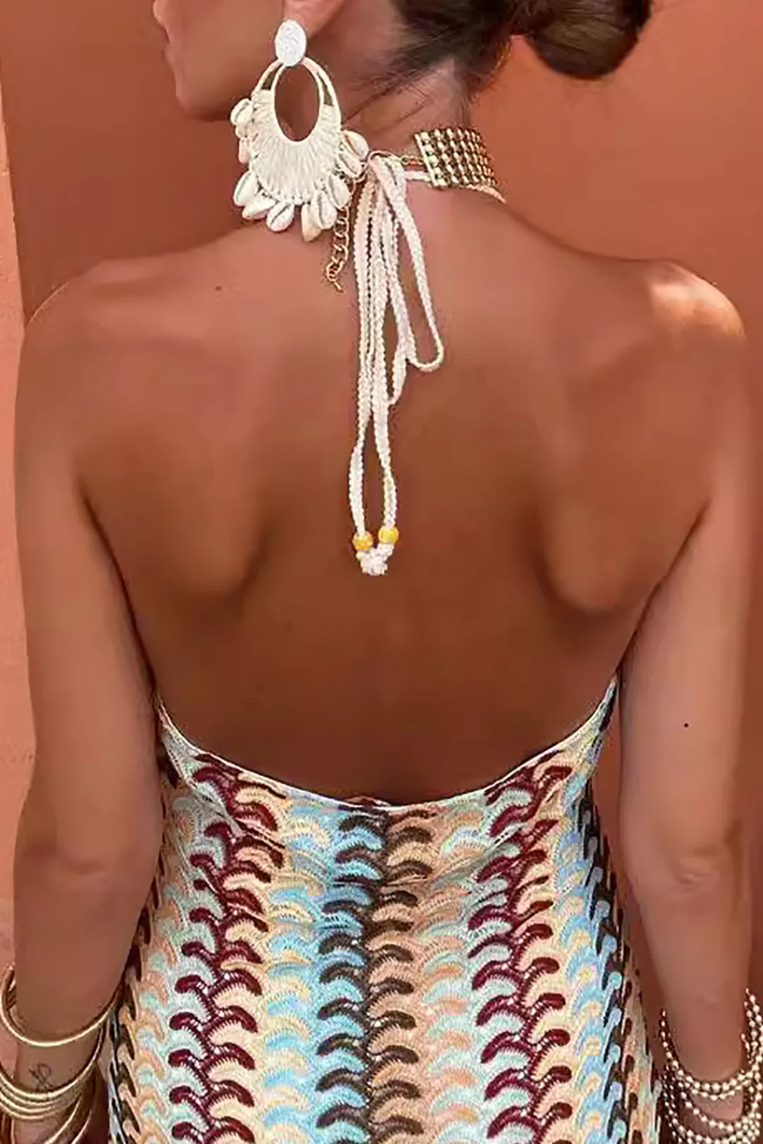 MICAS Maxi Dresses-Striped Crochet Halter V-neck Backless Slip Maxi Dress MULTICOLOR