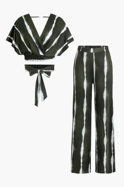 MICAS Pant Sets-Striped V-neck Crop Top And Wide Leg Pants Set Contrast Color