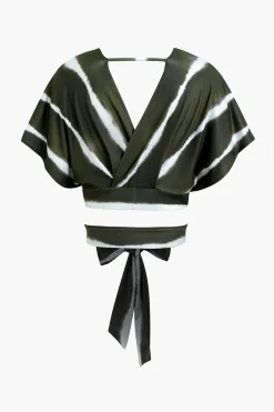 MICAS Pant Sets-Striped V-neck Crop Top And Wide Leg Pants Set Contrast Color