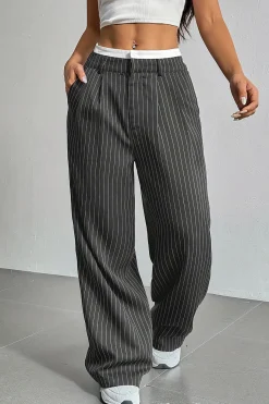 MICAS Pants-Stripes Print High Waist Trousers GRAY