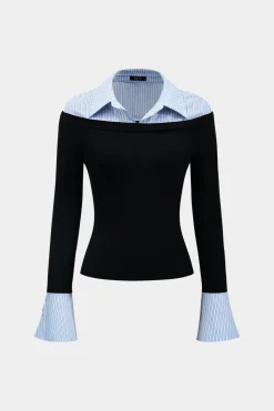 MICAS Long Sleeve Tops|Long Sleeves Tops-Stripes Print Patchwork Long-Sleeve Top