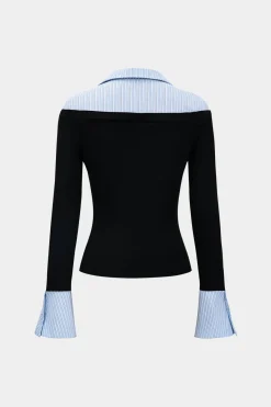 MICAS Long Sleeve Tops|Long Sleeves Tops-Stripes Print Patchwork Long-Sleeve Top