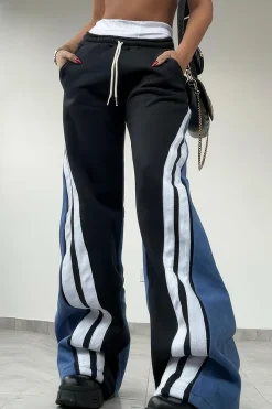 MICAS Pants-Stripes Print Patchwork Trousers BLACK