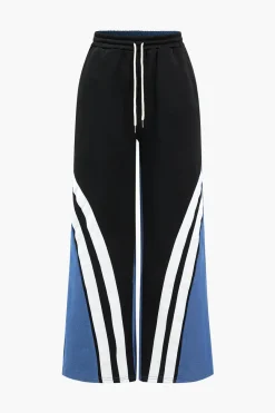 MICAS Pants-Stripes Print Patchwork Trousers BLACK