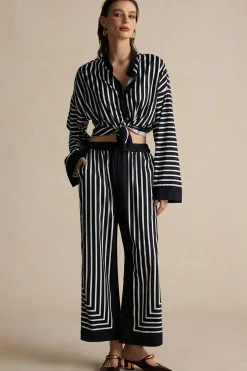 MICAS Pant Sets-Stripes Print Shirt And Trousers Set BLACK