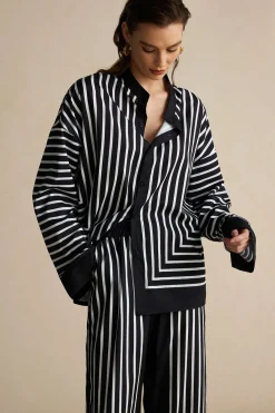 MICAS Pant Sets-Stripes Print Shirt And Trousers Set BLACK