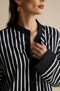 MICAS Pant Sets-Stripes Print Shirt And Trousers Set BLACK