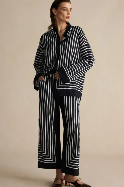MICAS Pant Sets-Stripes Print Shirt And Trousers Set BLACK