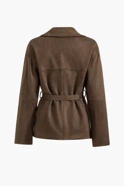 MICAS Outerwear|Outerwear-Suede Belted Button Jacket BROWN