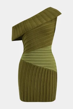 MICAS Knit Dresses-Sweater Asymmetrical Patchwork Mini Dress OLIVE
