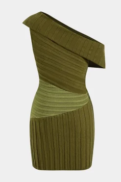 MICAS Knit Dresses-Sweater Asymmetrical Patchwork Mini Dress OLIVE