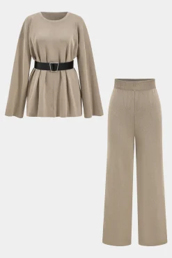 MICAS Knit Sets-Sweater Belted Top And Pants Set KHAKI