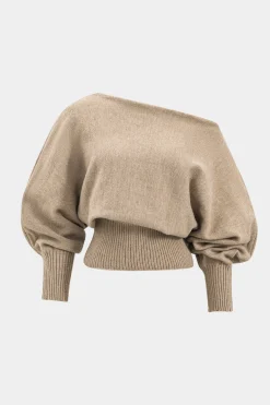 MICAS Knitwear|Knit Sets-Sweater Boat Neck Gigot Sleeve Top And Shorts Set TAN